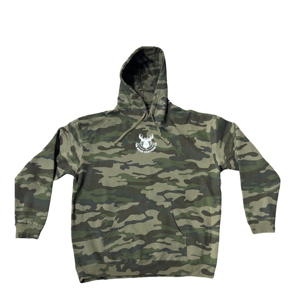 Fog Bank Bucked Up Hoodie. Green Camo/ White