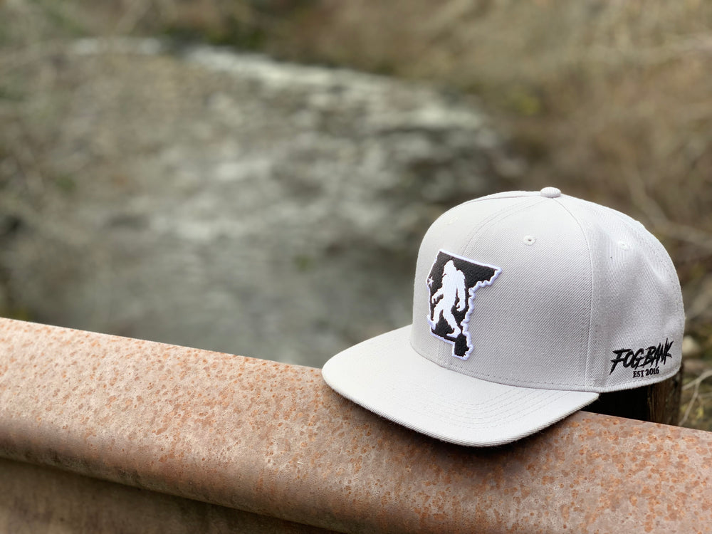 Gray Fog Bank Bigfoot County line snapback hat in Northern California Forest